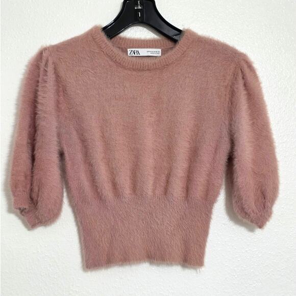 Zara Fuzzy Rose Faux Fur Knit Sweater Puff Sleeve Cropped Pullover Jumper Top - Picture 2 of 9